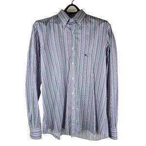 ETRO Striped Button-Down Shirt Size 41/16.5 Long Sleeve Cotton Purple Green Logo